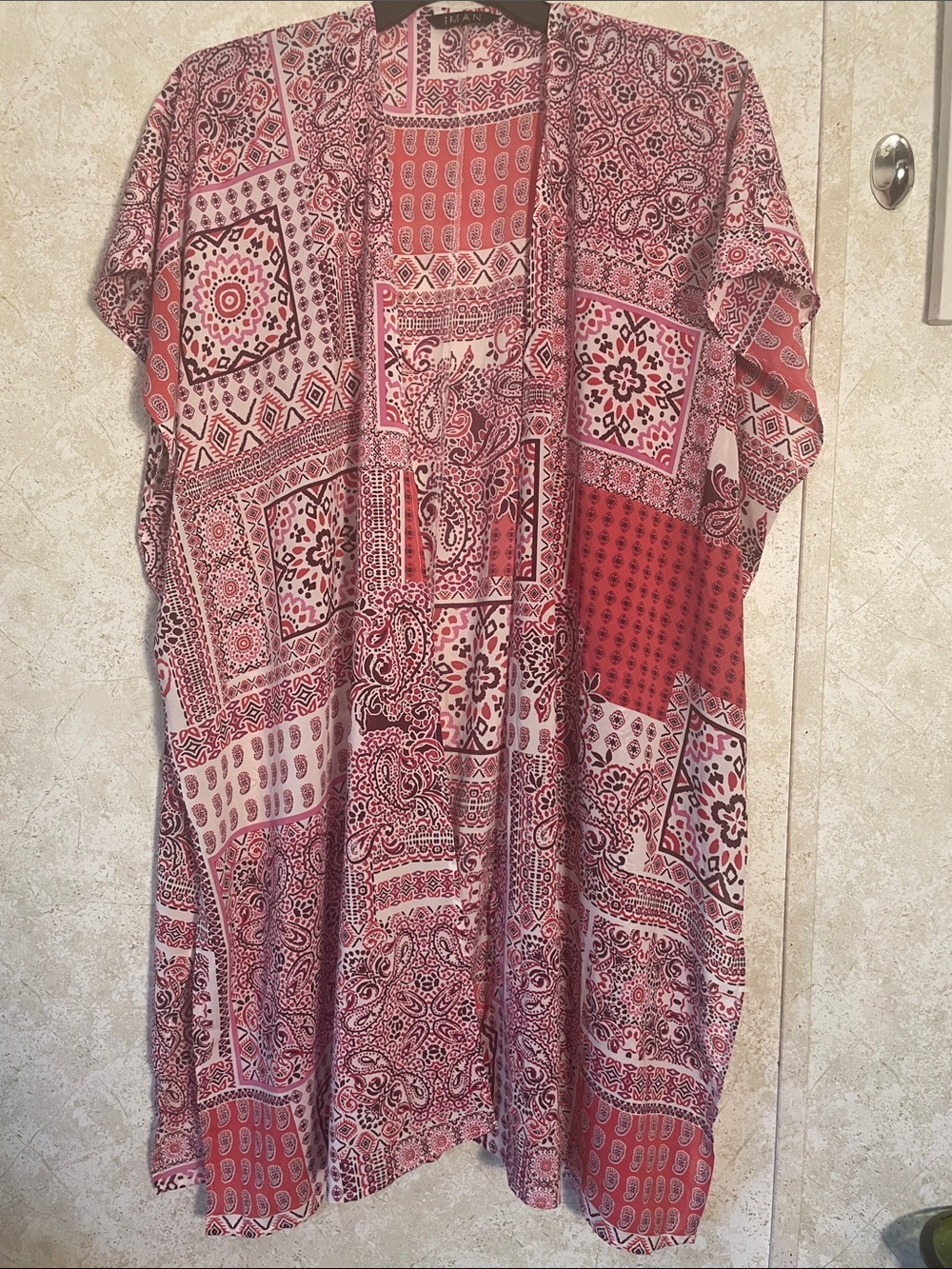 IMAN Pink Coral Paisley Patchwork Kimono Open Cardigan